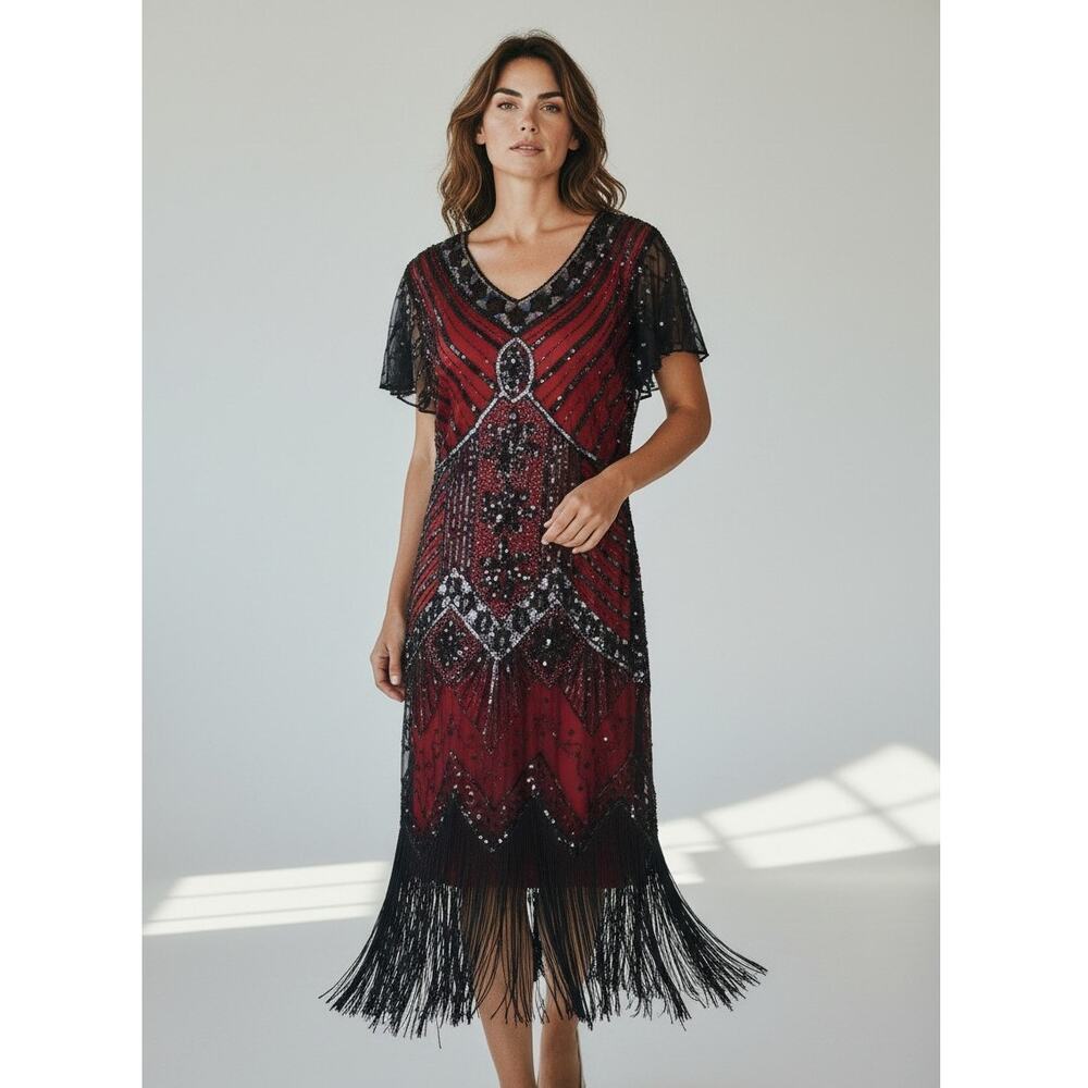 1920 s-Style Black & Red Flapper Dress Sequin Embellishment Fringe Hem Size XL